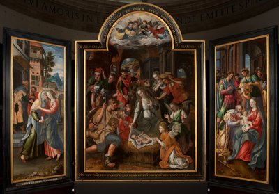 Tillbedjan av Magi, Triptyk, Centralpanel, detalj, målning på trä av Maarten de Vos