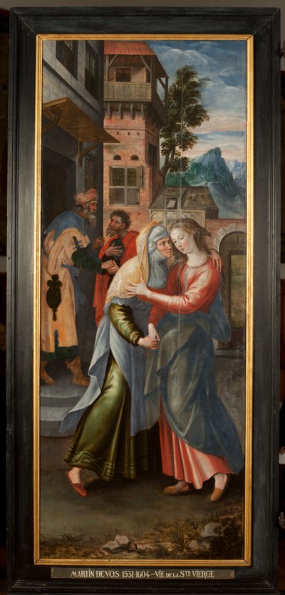Adoration of the Magi, Triptyk, Vänster panel: Holy Virgins liv, detalj, målning på trä av Maarten de Vos