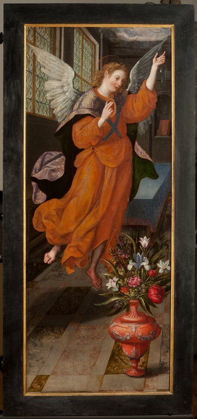 Tillbedjan av Magi, Triptyk, Vänster panel, bakre del, målning på trä av Maarten de Vos