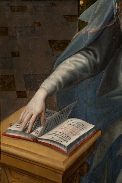 Tillbedjan av Magi, Triptyk, Höger panel bakre del, detalj, målning på trä av Maarten de Vos