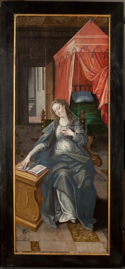 Tillbedjan av Magi, Triptyk, Höger panel bakre del, målning på trä av Maarten de Vos