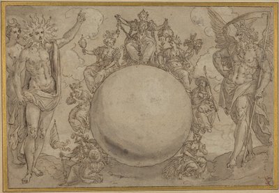 Apollo, Diana, and Time with the Cyclic Vicissitudes of Human Life, ca 1561 (penna och brunt bläck med grå färg över spår av grafit, ristat för överföring på papper) av Maarten de Vos