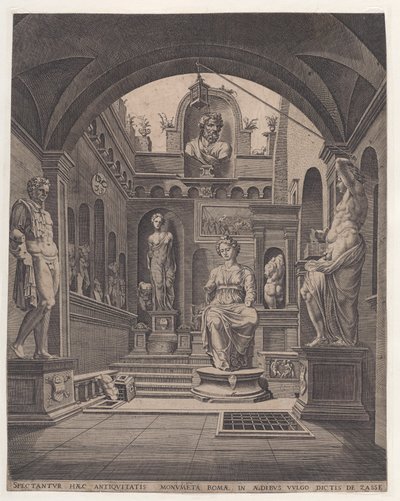 Skulpturer vid Villa Sassi i Rom, gravyr av Coornhert, Dirck Volckertsz (1519/22-1590) av Maarten van (after) Heemskerck