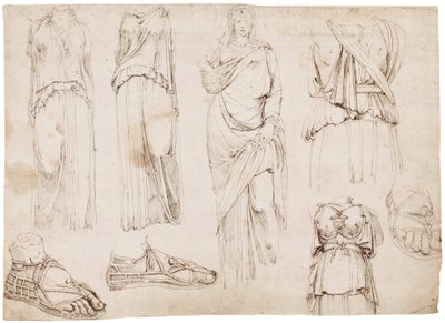 Kvinnofigurer och sandaler, ca 1498-1574 (röd krita, penna och brunt bläck) av Maarten van Heemskerck (circle of)