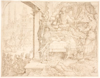 Ahasverus konsulterar Haman av Maarten van Heemskerck