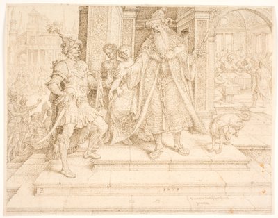 Ahasverus ger sigillringen till Haman av Maarten van Heemskerck
