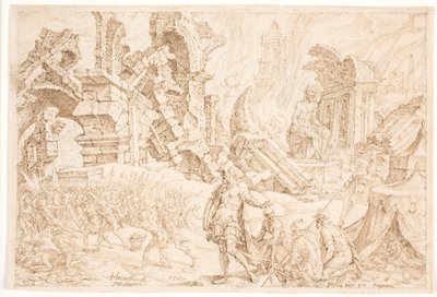 Achan och hans familj stenas av Maarten van Heemskerck