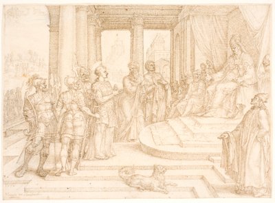 Den helige Stefanus ställs inför översteprästen av Maarten van Heemskerck