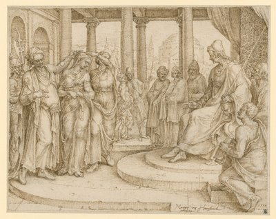 Du skall inte bära falskt vittnesbörd mot din nästa. Susanna inför domaren, förstudie till plansch 8 av "De tio budorden" av Maarten van Heemskerck