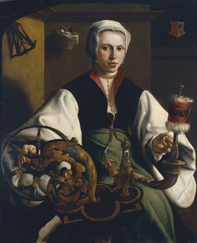 Porträtt av en dam som snurrar av Maarten van Heemskerck