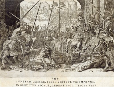 Erövringen av Tunis 1535, tavla 7 från "Kejsar Karl V:s militära bedrifter", graverad av Dirk Volkertsz Coornhert (1522-90), 1555 (gravyr och etsning) av Maarten van Heemskerck