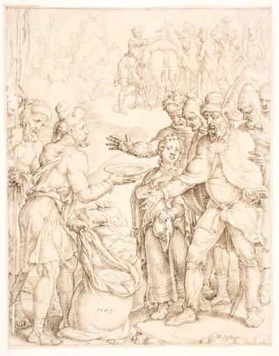 Fyndet av faraos bägare i Benjamins säck av Maarten van Heemskerck