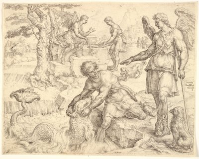 Tobias fångar fisken i floden Tigris av Maarten van Heemskerck