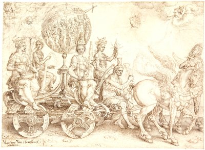 Triumfvagn. Mundus (Världen). (En allegori över de fyra elementen) av Maarten van Heemskerck