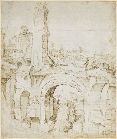Utsikt från Domus Severiana till Colosseum av Maarten van Heemskerck