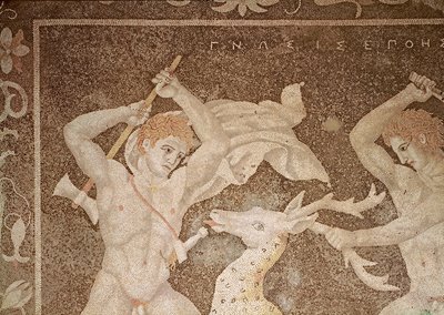 Hjortjakten, detalj av jägarna, från "Huset med bortförandet av Helena" (mosaik) av Macedonian