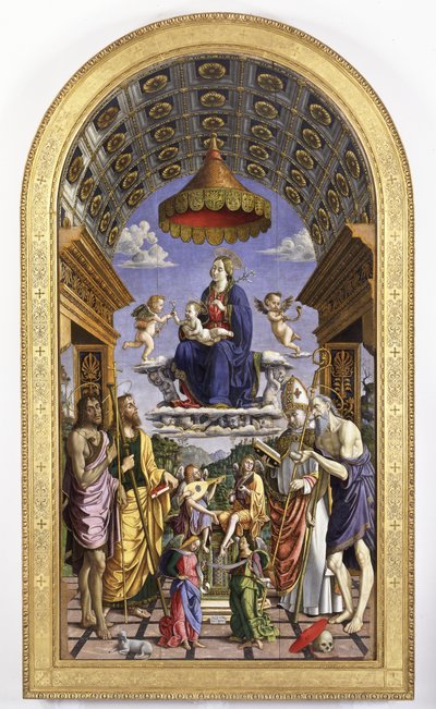 Madonna och barn i ära, musikeränglar och helgon Johannes Döparen, James, Ugo och Hieronymus, 1498 av Macrino dAlba