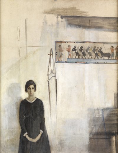 Självporträtt med egyptisk hängning (olja ombord) av Madeline Emily Green