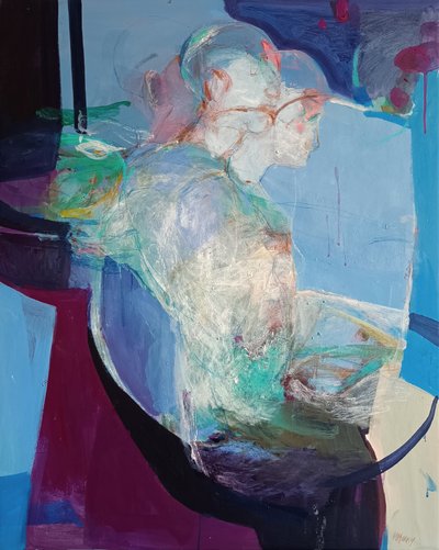 In Stillness We Unfold: Becoming, 2025 (akryl och pastell på duk) av Madgalena Morey