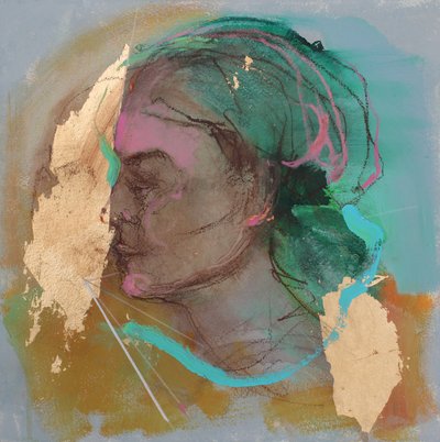 Lost In Thought 6, 2020 (akryl, pastell och bladguld på papper) av Madgalena Morey