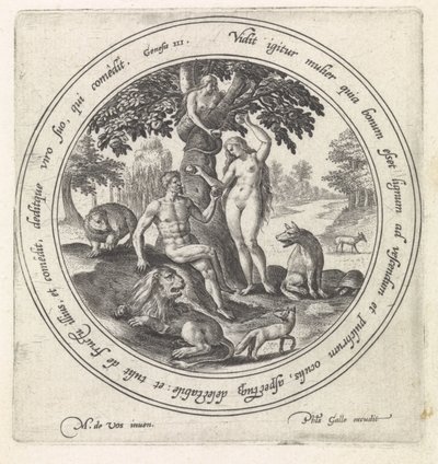 Eva erbjuder Adam den förbjudna frukten Historien om Adam och Eva (serietitel) av Maerten de Vos