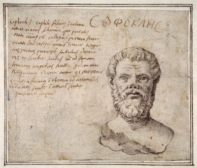 Antik byst av Sofokles, kommenterad, efter Fulvio Orsini (penna och bläck på papper) av Maerten van Heemskerck