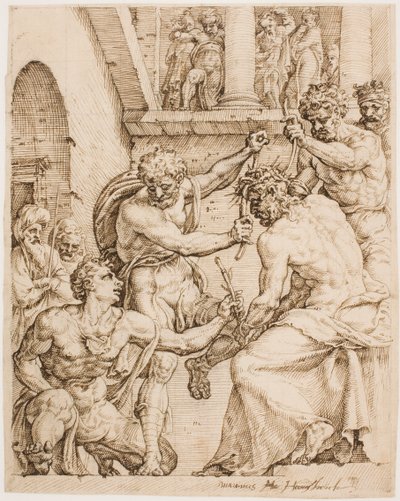 Kristus krönas med törnar, ca. 1548 (Penna, brunt bläck och svart krita på gulfärgat papper) av Maerten van Heemskerck