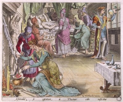 Att bota en invalid, studie för "Amnon låtsas sjukdom för att våldta Tamar" (färggravyr) av Maerten van Heemskerck