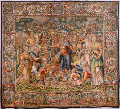 Stiftsmuseet (stiftsmuseet). flamländsk gobeläng. Bryssel. François Geubels verkstad. Serien Berättelsen om Gideon. Israeliterna lämnar över sin del av bytet till Gideon. Siden och ull. Förlåtelse av Bisho av Maerten van Heemskerck