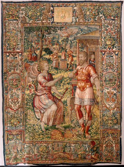 Stiftsmuseet (Museo Diocesano). flamländsk gobeläng. Bryssel. Atelier François Geubels. Serien Story of Gideon. Gideon och ängeln (Gedeón y el ángel). Siden och ull. Förlåtelse av biskop Vicente Roca de la Serna. Barock. 1534-1571, i domkyrkan sedan av Maerten van Heemskerck