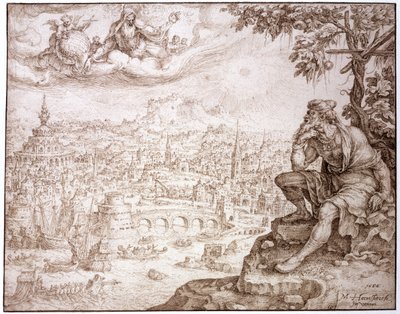 Jonah, Sittande under kalebassen, överväger staden Nineve, 1566 (penna och brunt bläck inskuren med en penna på papper) av Maerten van Heemskerck