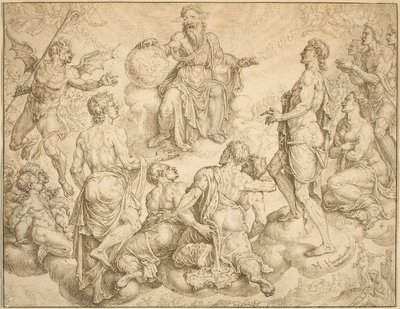 Satan utmanar Gud att ta bort hans skydd från Job av Maerten van Heemskerck