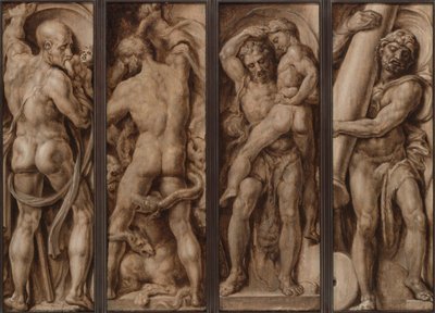 Saturnus slukar ett barn; Herkules som dödar hydran; Hercules Lifting Antaeus; Hercules reser kolumnerna i Calpe och Abyla av Maerten van Heemskerck