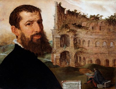 Självporträtt av målaren med Colosseum i bakgrunden, 1553 av Maerten van Heemskerck