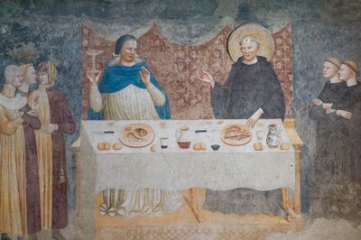 The Miracle of St Guido: den välsignade abboten förvandlar vatten till vin innan Gebeardo, ärkebiskopen av Ravenna, refektorium (fresk) av Maestro di Tolentino (attr.to)
