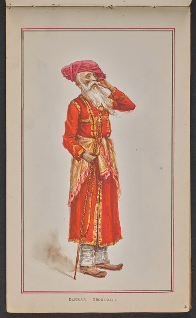Äldre hovfunktionär från Kolhapur durbar, klädd i röd rock och rosa turban (akvarell på papper) av Mahadev Vishvanath Dhurandhar