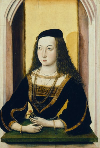 Porträtt av en ung kvinna som håller en blomma, sent 1400-tal av Mair von Landshut