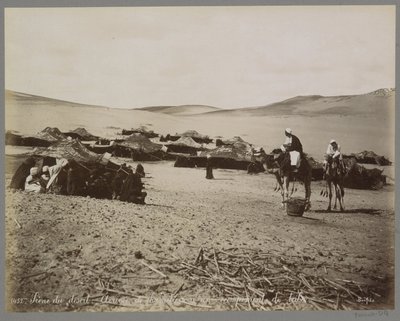 Läger med tält och kameler i (förmodligen) Egyptens öken Scene du desert: Arrivée de chameliers à un campement de tribu. (titel på objekt) av Maison Bonfils