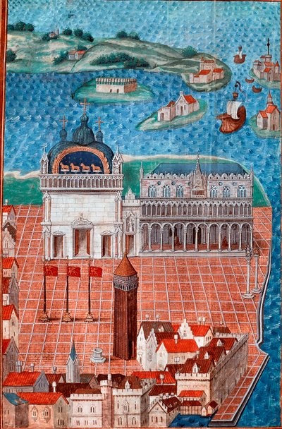Utsikt över Markusplatsen med Dogepalatset i Venedig”” Miniatyr hämtad från “” Beskrivning eller handlar om regeringen och regimen i staden och herredømmet i Venedig””” av Philip de Geldres mästare (1467-1547) Chantilly , Musee Conde av Maitre de Philippe de Gueldre