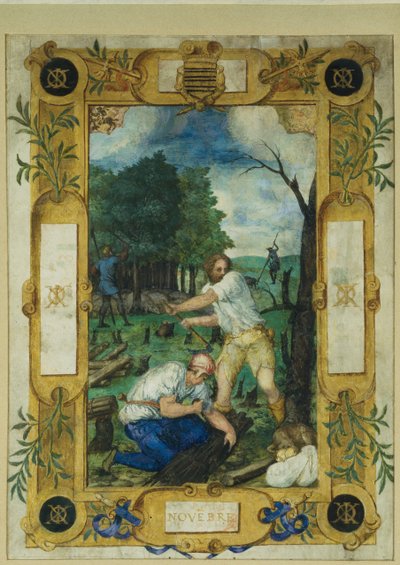 Kalenderblad för november, fällning av träd, från en timbok, ca 1550-60 av Maitre des Heures de Claude Gouffier