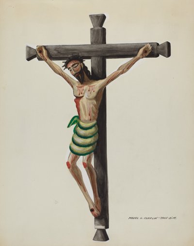 Cristo, snidat och målat, på svart snidat träkors, ca. 1937. av Majel G. Claflin