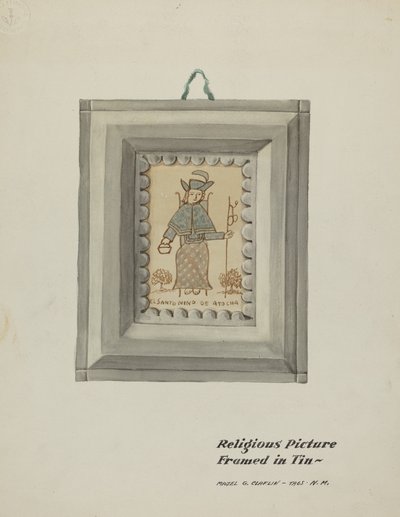 Handritad Santo Nino de Atocha-Handgjord plåtram, ca. 1937. av Majel G. Claflin