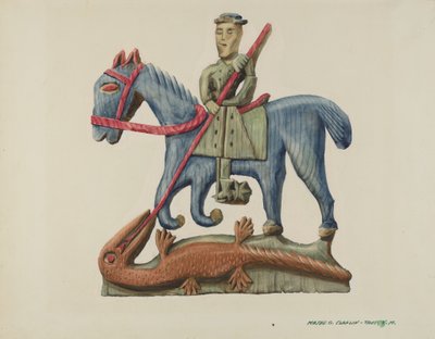 Saint George & the Dragon, utskuren ur sektion av planka - målad, ca. 1938. av Majel G. Claflin