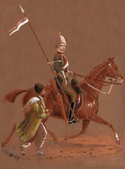 Trooper of the 9th Lancers rider, med en afghansk soldat springande bredvid sin häst av Major General R.G. Woodthorpe