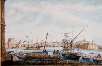 Utsikt över Galiernas hamn från Valetta Side, ca 1800 (penna och akvarell) av Major James of Tolcross Weir