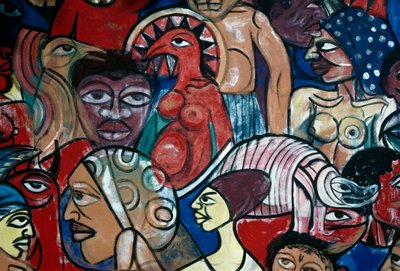 Ansikten, väggmålning i trädgården till naturhistoriska museet i Maputo, av Malangatana Valente Ngwenya (1936-2011), Moçambique, 1900-talet av Malangatana Valente Ngwenya