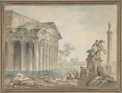 Arkitektonisk Capriccio med romerska monument och tvättkvinnor, n.d.. av Manner of Hubert Robert