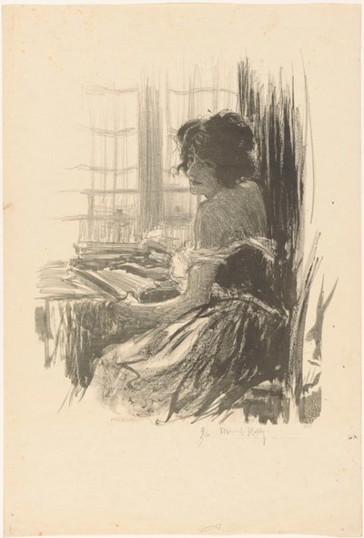 Kvinna som läser bakom ett bord framför fönstret av Manuel Robbe (signed by artist)
