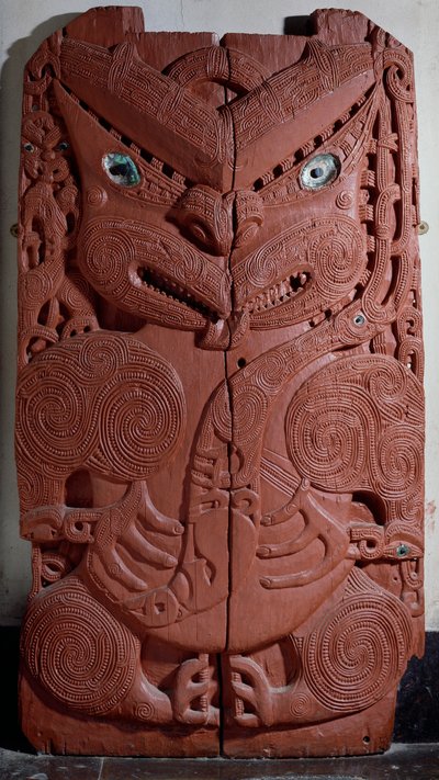 Maori dekorativ panel med imaginär antropomorf figur, Nya Zeeland civilisation av Maori Maori