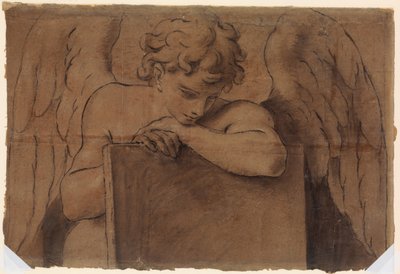Tecknad filmfragment för tonårsängel som lutar sig mot en surfplatta eller sluten bok, ca. 1690-95. av Marc Antonio Franceschini